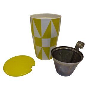 Tea Forte Ceramic Tea Cup With Lid & Stainless Steel Infuser Yellow & White Geom